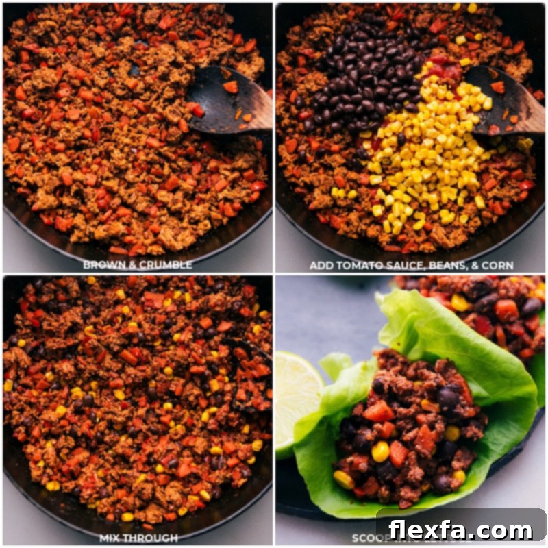 Process shots of the Turkey Lettuce Wraps filling, showcasing the addition of tomato sauce, black beans, and corn, simmering to perfection.