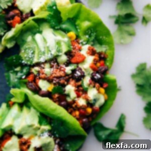 Close-up of a prepared Turkey Lettuce Wrap, featuring the savory turkey filling, fresh vegetables, and vibrant toppings nestled in a crisp lettuce cup.
