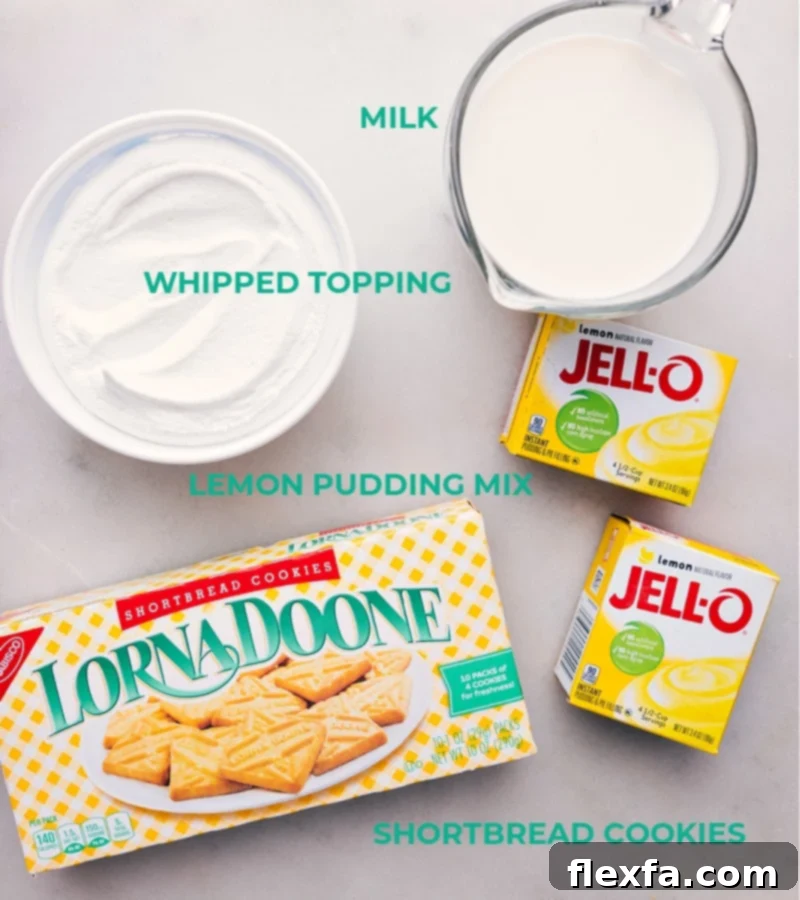A flat lay image displaying all the ingredients needed for Lemon Icebox Cake: two packages of Lorna Doone cookies, two boxes of instant lemon pudding mix, a carton of whole milk, a container of thawed whipped topping, and a fresh lemon for zest.