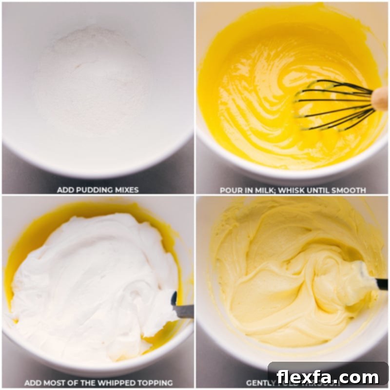 Process shots showing the creation of the lemon pudding mixture for the icebox cake. First, dry pudding mixes and milk are vigorously whisked until smooth. Then, thawed whipped topping is gently folded into the thickened lemon pudding, creating a light and creamy filling.