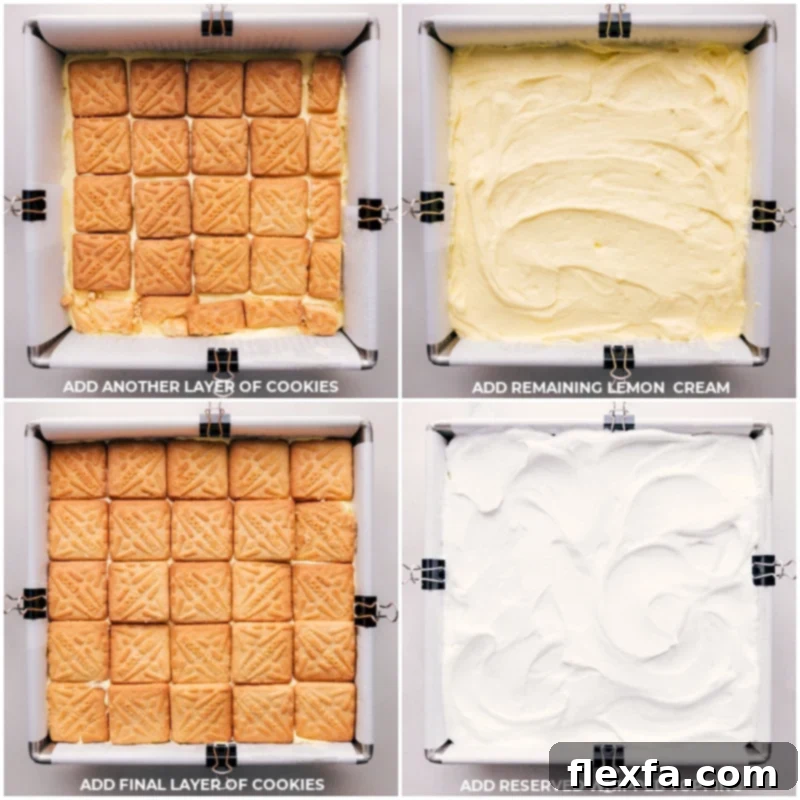 Process shots of Lemon Icebox Cake showing the layering completed: all cookie layers are covered with creamy lemon pudding, and the final top layer of whipped topping is spread smoothly before the cake goes into the refrigerator.