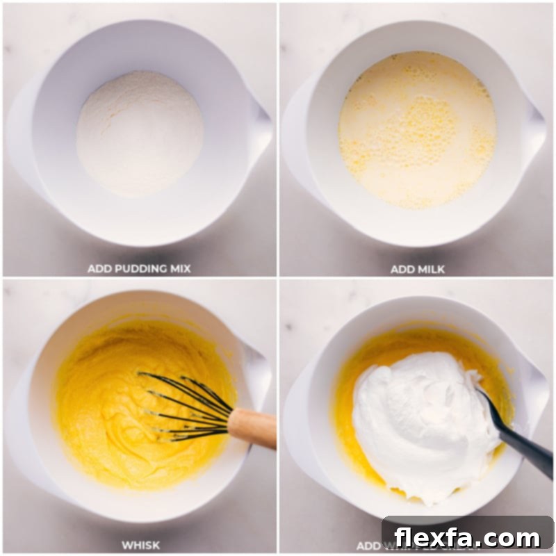 Two process shots side-by-side. The first shows instant vanilla pudding mix and whole milk being vigorously whisked together in a clear bowl. The second shows thawed whipped topping being gently folded into the smooth pudding mixture, creating a light and airy filling.