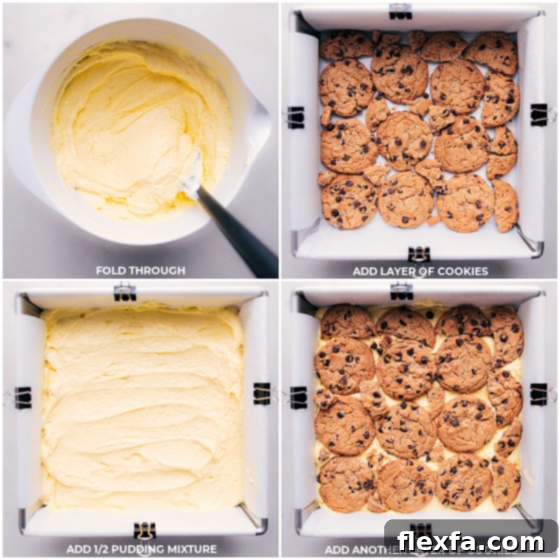 Process shots of assembling the Chocolate Chip Cookie Icebox Cake. The first image shows a layer of crispy chocolate chip cookies lining the bottom of a parchment-lined pan, with some broken pieces filling gaps. The second image shows half of the creamy vanilla pudding mixture spread evenly over the cookie layer.