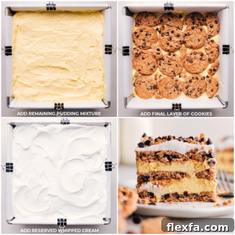 Process shots showing the final layers of the Chocolate Chip Cookie Icebox Cake being assembled. The first image displays the second layer of creamy pudding mixture spread over another layer of cookies. The second image shows the final layer of cookies topped with a smooth, even spread of the reserved whipped topping, ready for chilling.