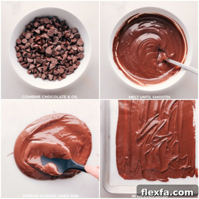 Spreading melted milk chocolate for the Easter Snack Mix base. Process shots demonstrating melted milk chocolate being spread evenly onto a parchment-lined sheet pan.
