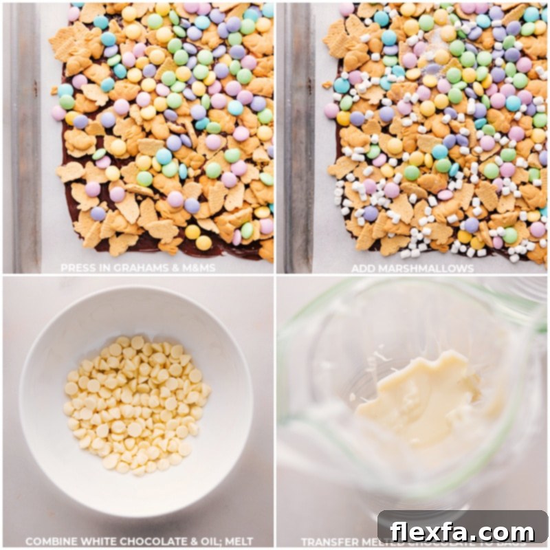 Adding toppings and melting white chocolate for Easter Snack Mix. Process shots showing bunny grahams, pastel M&M's, and dehydrated marshmallows being added onto the melted milk chocolate base, followed by melting white chocolate for drizzling.