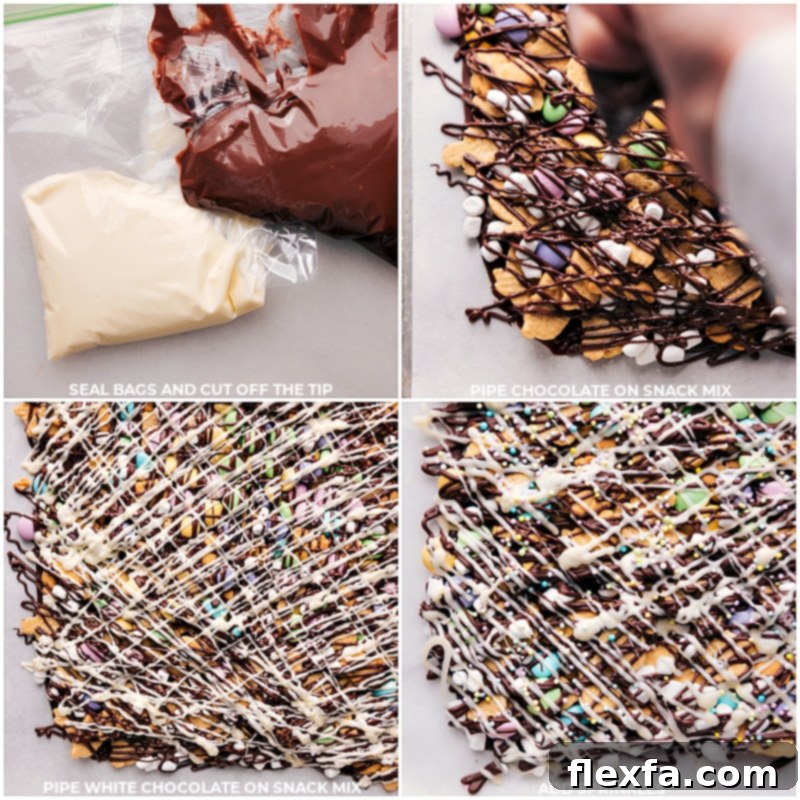 Drizzling milk and white chocolate over the Easter Snack Mix. Process shots of both milk and white chocolate being artfully drizzled over the Easter Snack Mix toppings on the sheet pan.