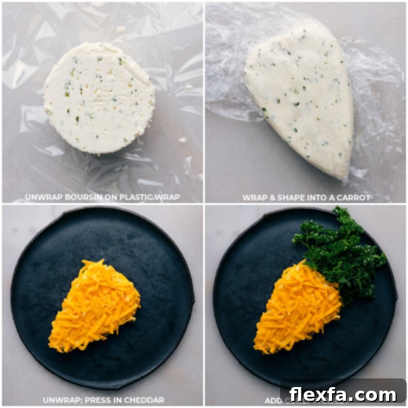 Step-by-step process images of the Carrot Cheeseball being made: Boursin cheese shaped into a cone, then rolled in shredded cheddar, and finally topped with curly parsley