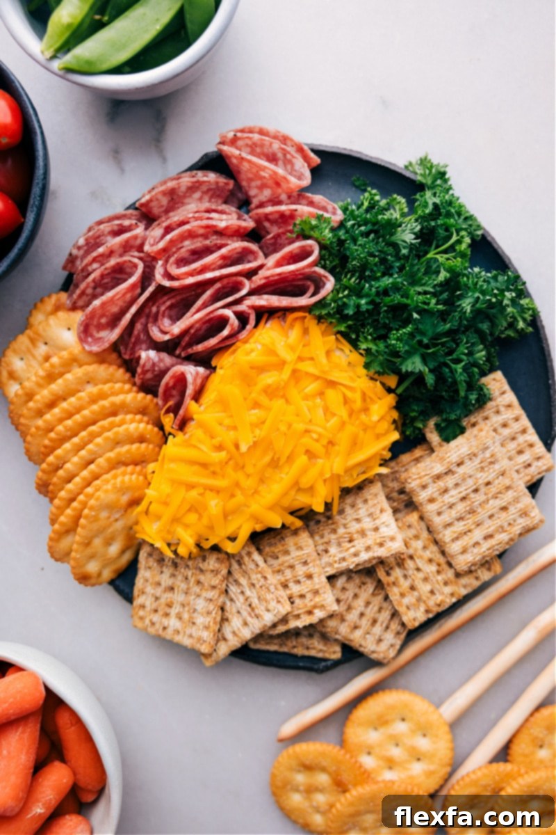Overhead image of the beautifully arranged Carrot Cheeseball appetizer, completely ready to be enjoyed, surrounded by a vibrant selection of dippers including various crackers, sliced bread, and fresh vegetables