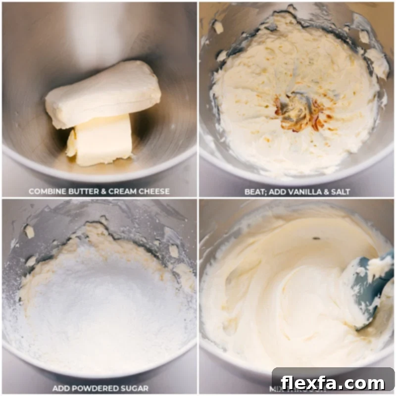 Detailed process shots showing softened butter, cream cheese, vanilla extract, a pinch of salt, and powdered sugar being added sequentially to a stand mixer bowl to prepare the cream cheese frosting.