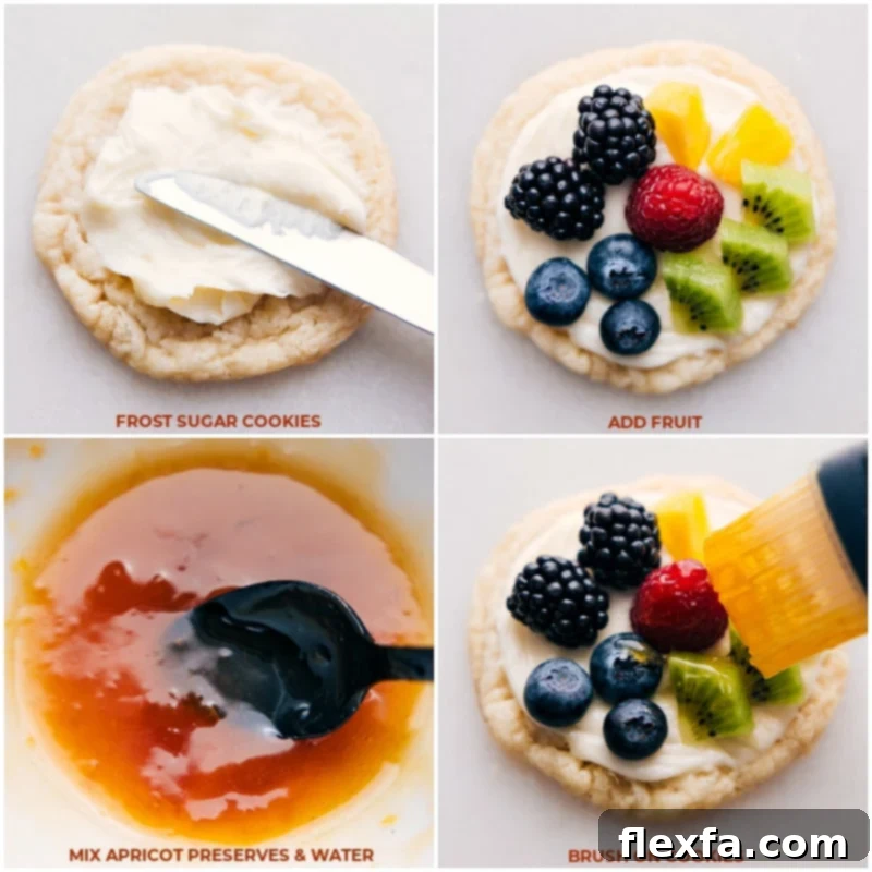 Process shots of assembling Sugar Cookie Fruit Pizzas: showing cream cheese frosting being spread onto the sugar cookie bases, followed by various fresh fruits being artfully arranged on top.