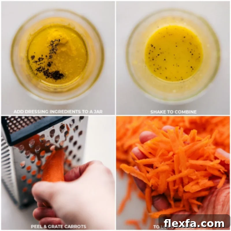 Process shots of French Carrot Salad-- images of the dressing being mixed together and the carrots being peeled and grated