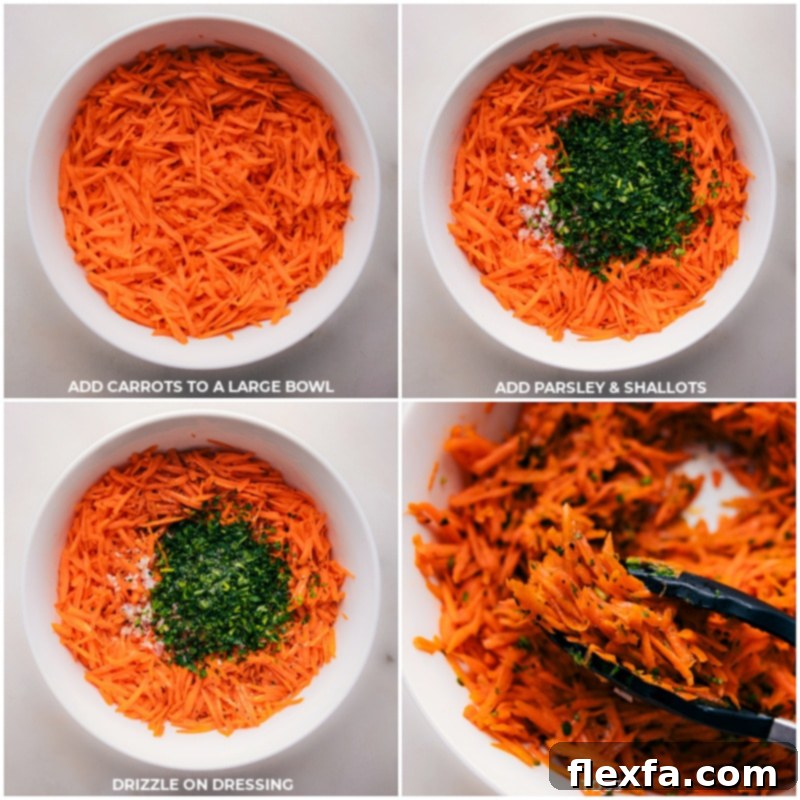 Process shots-- images of the grated carrots being added to a bowl with parsley, shallots, and the lemon Dijon honey dressing being drizzled on top before being tossed