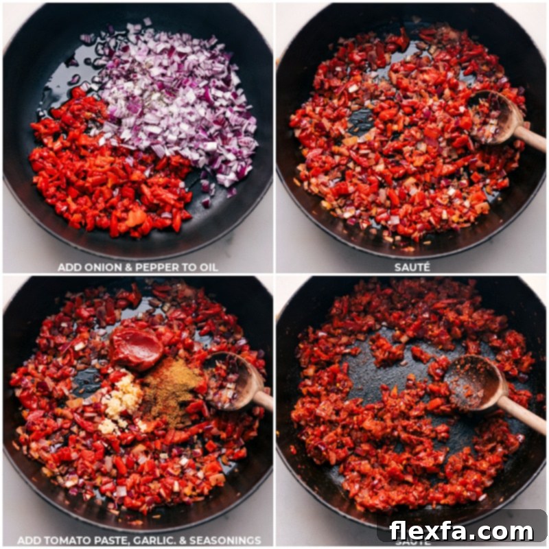 Process images showing diced red onions and bell peppers sautéing in olive oil in a pan, followed by the addition of tomato paste, minced garlic, and ground spices, preparing the rich base for Shakshuka.