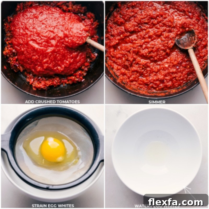 Process images showing rich crushed tomatoes being added to the sautéed vegetables, followed by a close-up of an egg being strained through a fine-mesh sieve to remove watery whites before poaching.