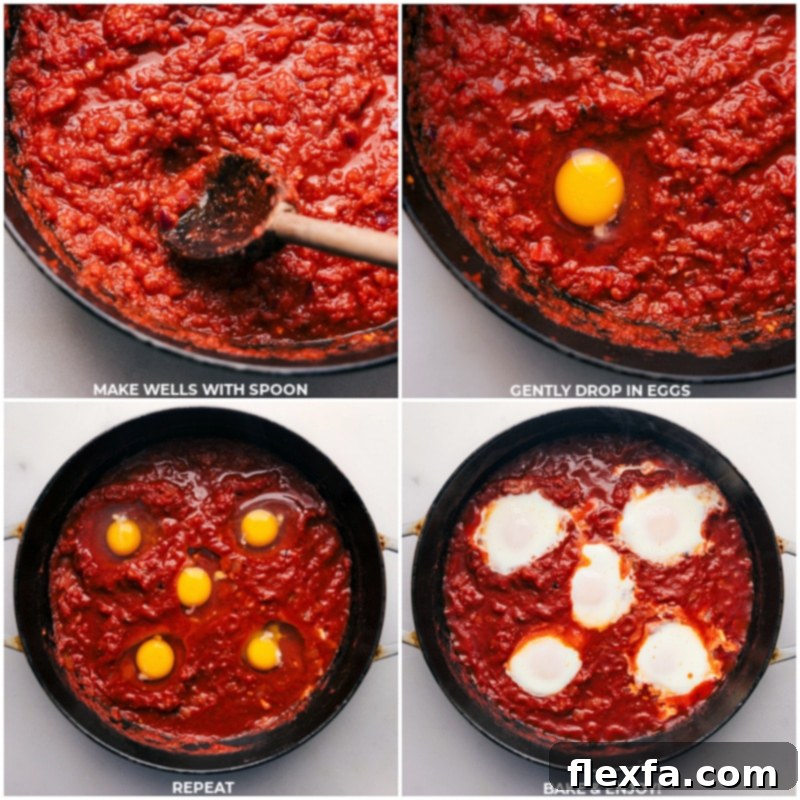 Process images showing perfectly cracked eggs gently dropped into individual wells within the simmering tomato sauce, ready for baking, followed by the finished Shakshuka dish in the oven-safe pan.