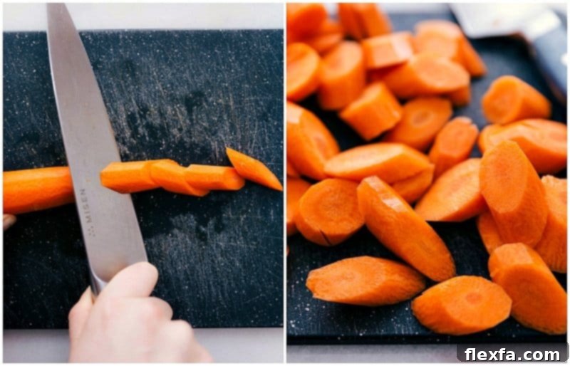 Prepping Carrots for Our Favorite Salad Fresh carrots being expertly chopped on a wooden cutting board, prepped for the roasted carrot salad recipe.