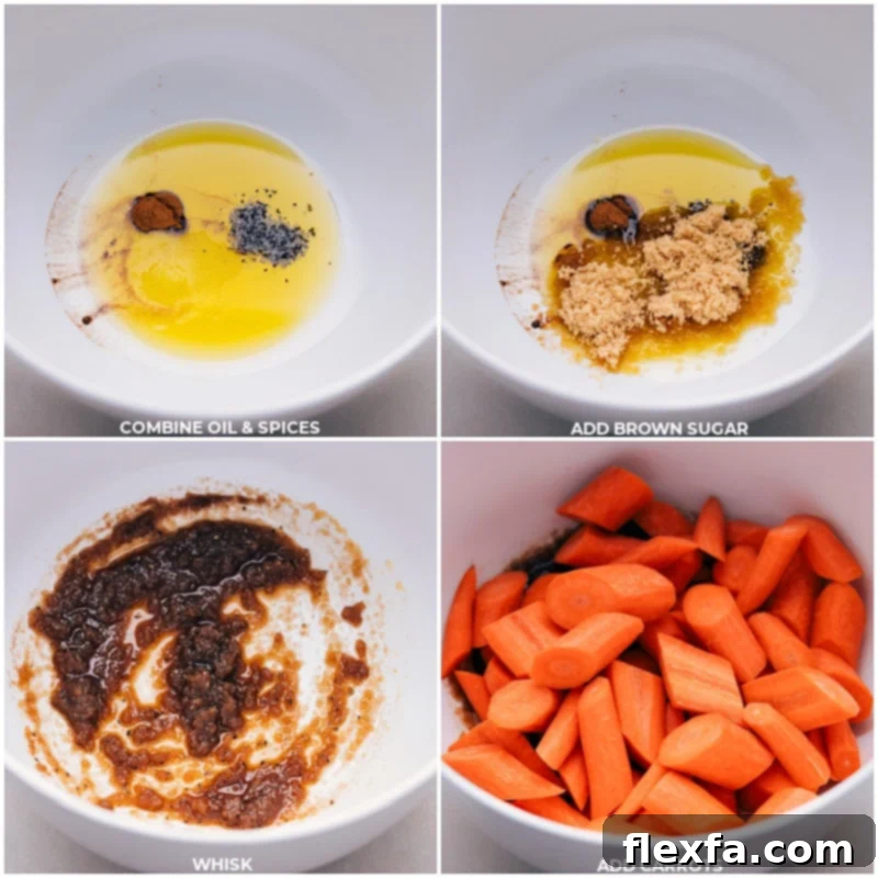 Seasoning Carrots for Roasting A bowl of chopped carrots tossed with olive oil, brown sugar, and cinnamon, next to a variety of spices, ready for roasting.