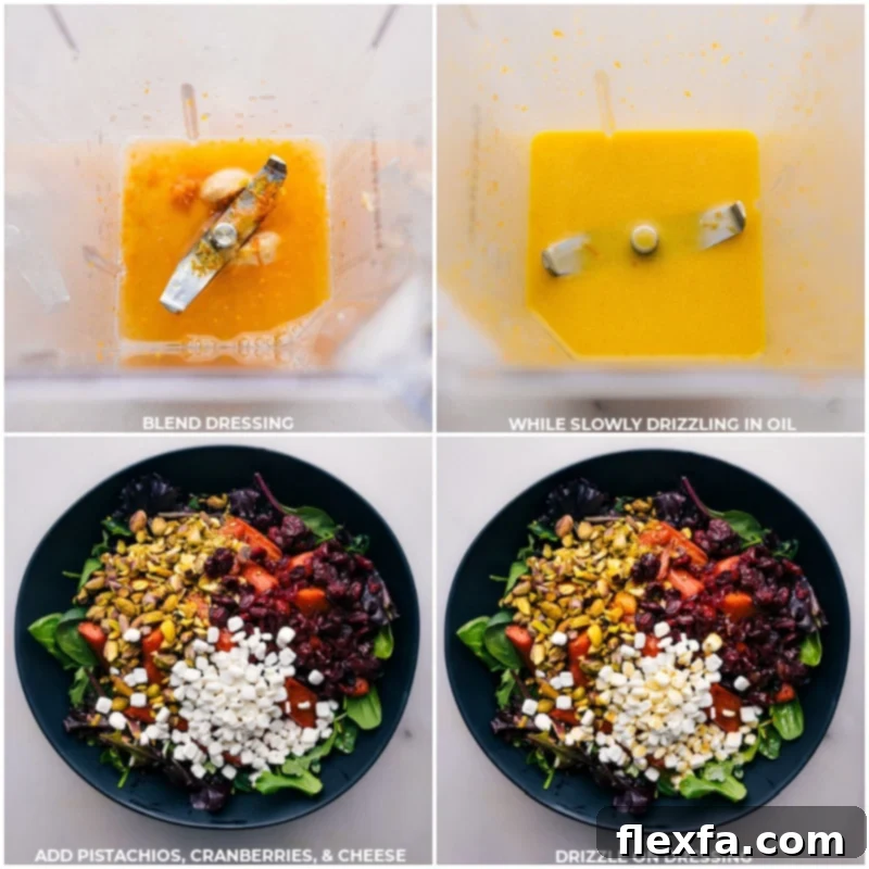 Assembling the Delicious Roasted Carrot Salad Ingredients for the citrus dressing being mixed in a blender, while a large bowl holds the combined salad components: roasted carrots, mixed greens, pistachios, cranberries, and goat cheese.