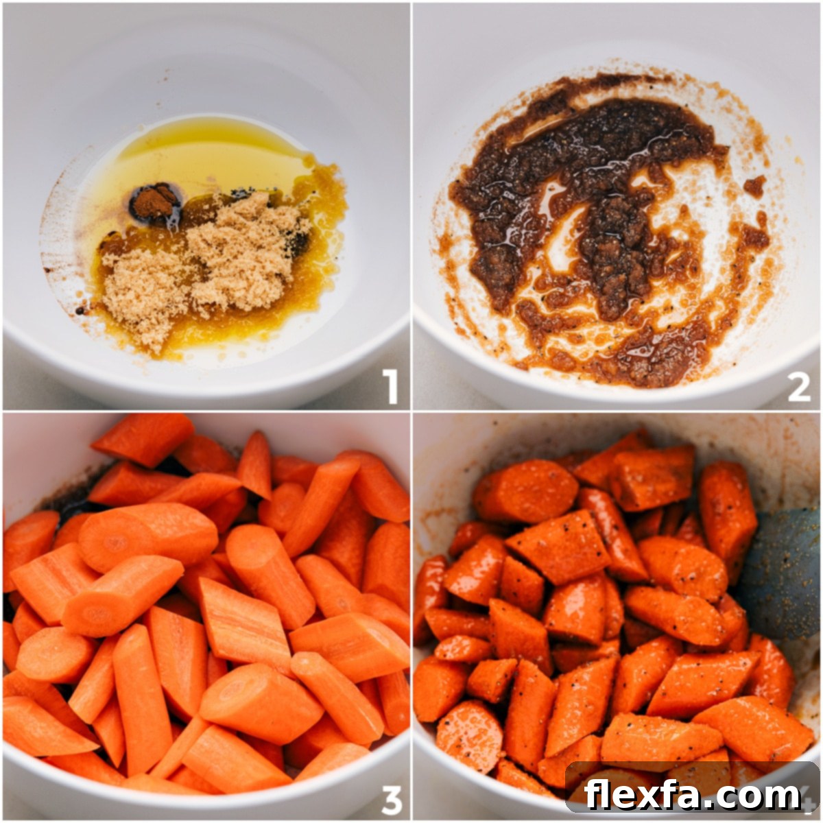 A large mixing bowl containing sliced carrots, being tossed with a glossy mixture of olive oil, brown sugar, cinnamon, and salt, ensuring every piece is evenly coated before roasting.
