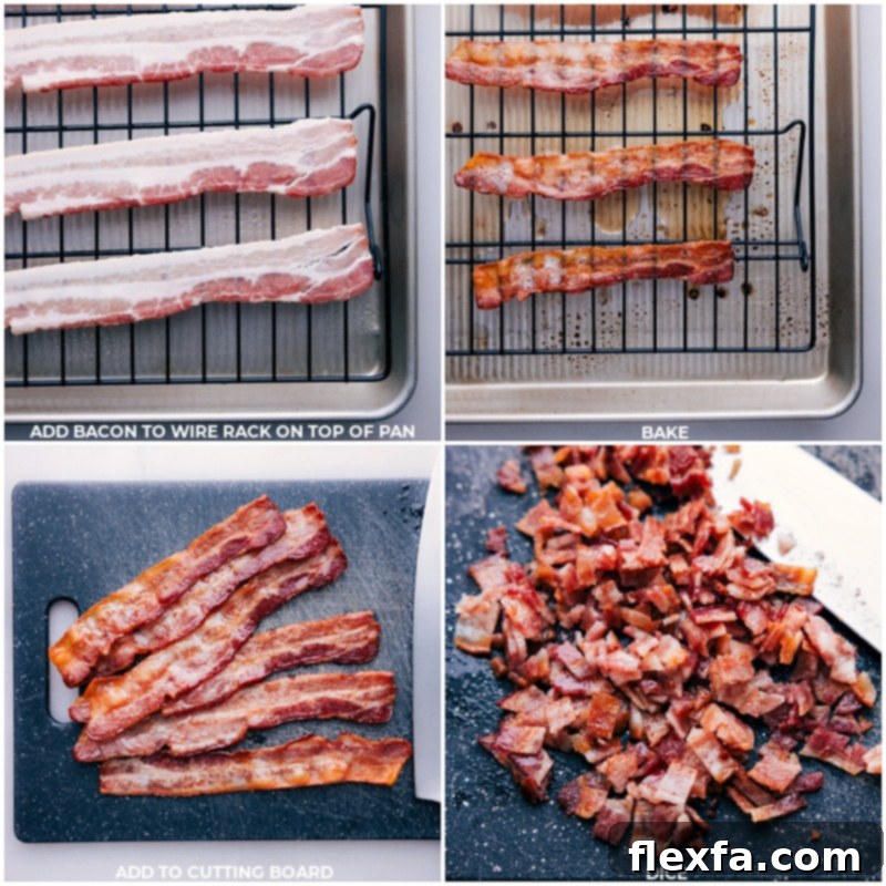 Process shots showing crispy bacon being cooked in the oven and then expertly chopped into small, savory pieces.