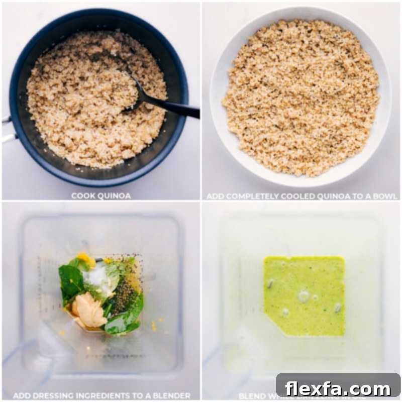 Process shots of Herbalicious Quinoa Salad preparation: images of quinoa cooking to fluffy perfection and vibrant dressing ingredients being blended smoothly.