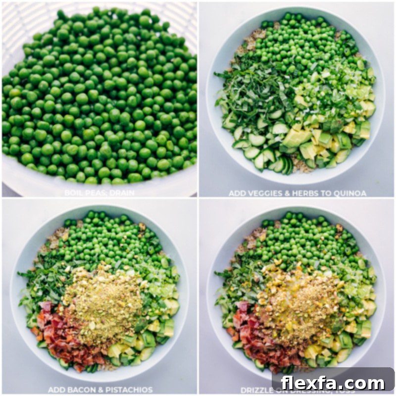 Process shots of Herbalicious Quinoa Salad preparation: peas being boiled and drained, followed by the entire salad being tossed together in a large bowl.