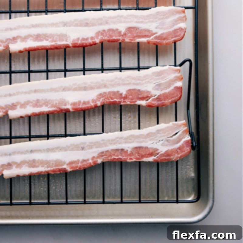 Process shots showing raw bacon strips laid out in an even layer on a metal cooling rack over a foil-lined baking sheet