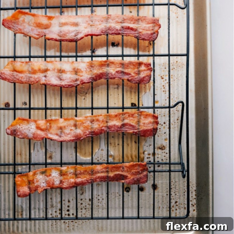 Process shots showing crispy baked bacon fresh out of the oven, glistening and perfectly browned on the cooling rack