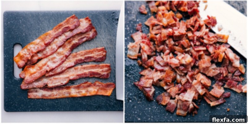 Process shots showing crispy baked bacon being chopped into smaller pieces, ready for use in various recipes
