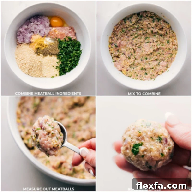 Process shots showing raw chicken meatball ingredients being mixed in a bowl and then perfectly rolled meatballs on a cutting board.