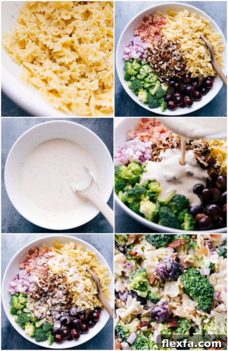 Mixing the ingredients and pouring dressing onto the broccoli pasta grape salad. A hand is seen stirring the colorful mixture.