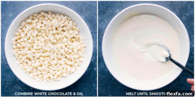 Process images showing white chocolate being melted in a bowl, highlighting the smooth texture.