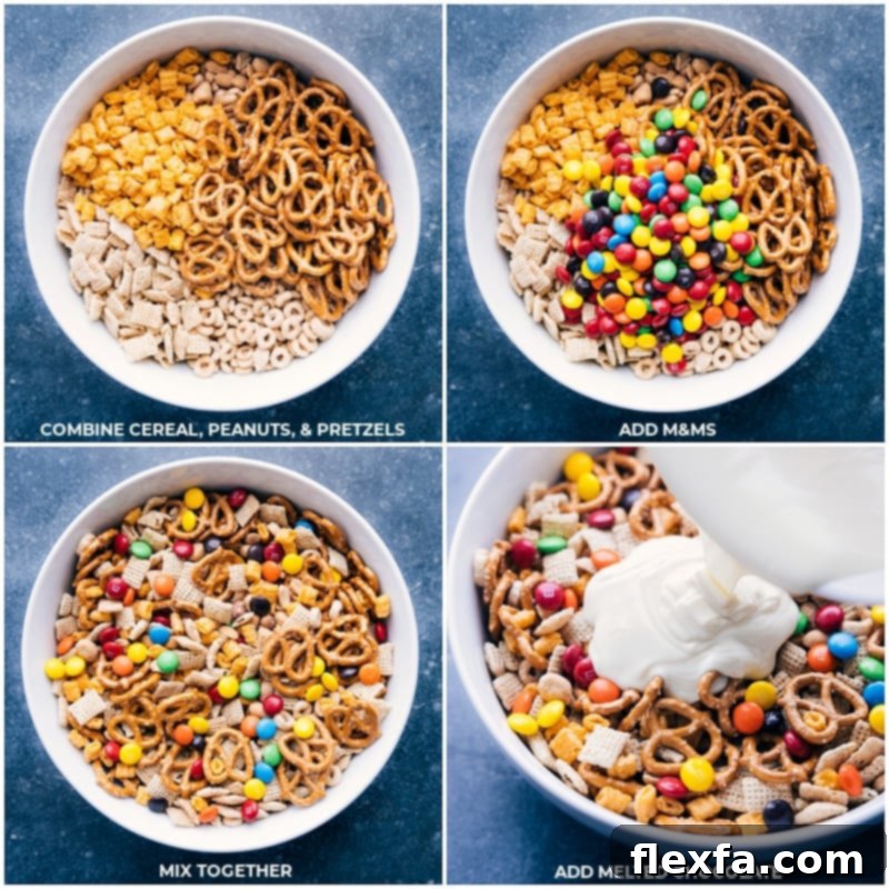 Process shots of the White Chocolate Chex Mix being mixed in a bowl and white chocolate drizzled over it.