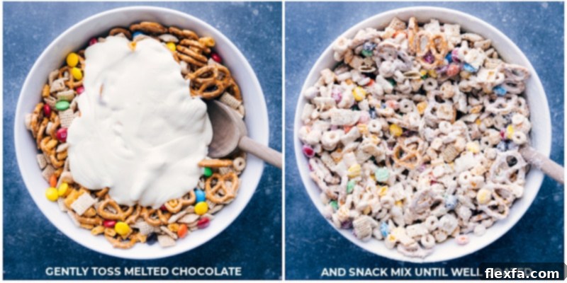 Process images showing the white chocolate being mixed evenly with all the snack mix ingredients.