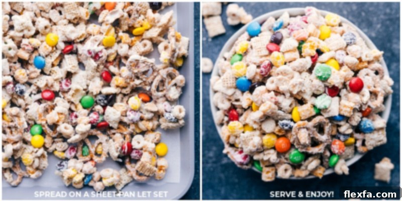 Process shots of the White Chocolate Chex Mix being spread on a sheet pan to cool and harden.
