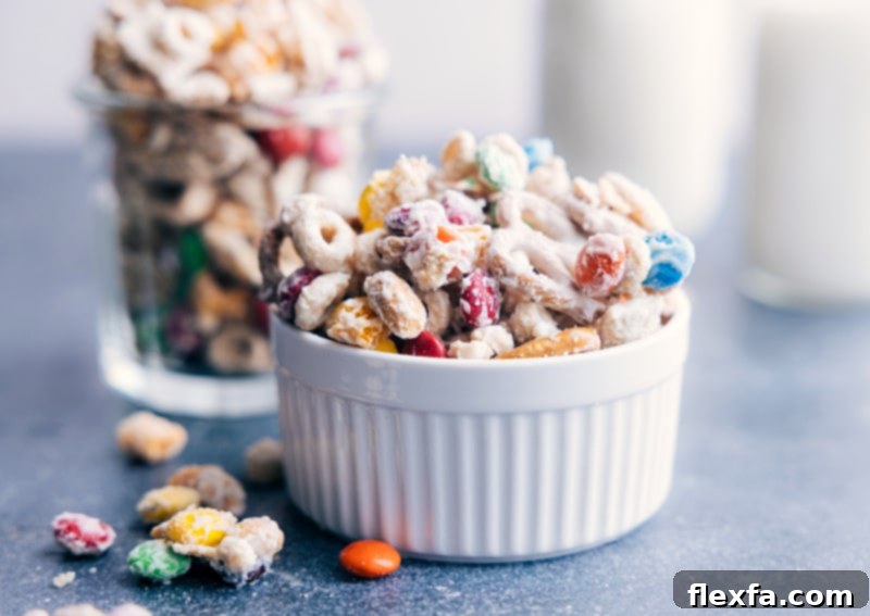 A beautifully presented bowl of homemade White Chocolate Chex Mix, ready to be enjoyed.