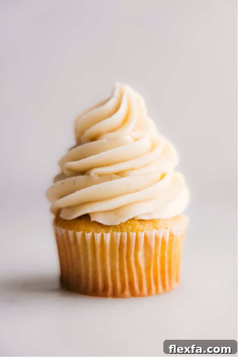 A perfectly piped cupcake adorned with luscious, homemade Vanilla Frosting, ready to be enjoyed.