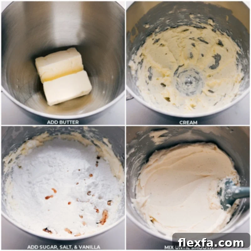 Unsalted butter, powdered sugar, salt, and vanilla extract are brought together in a mixing bowl, ready to be creamed into smooth vanilla frosting.