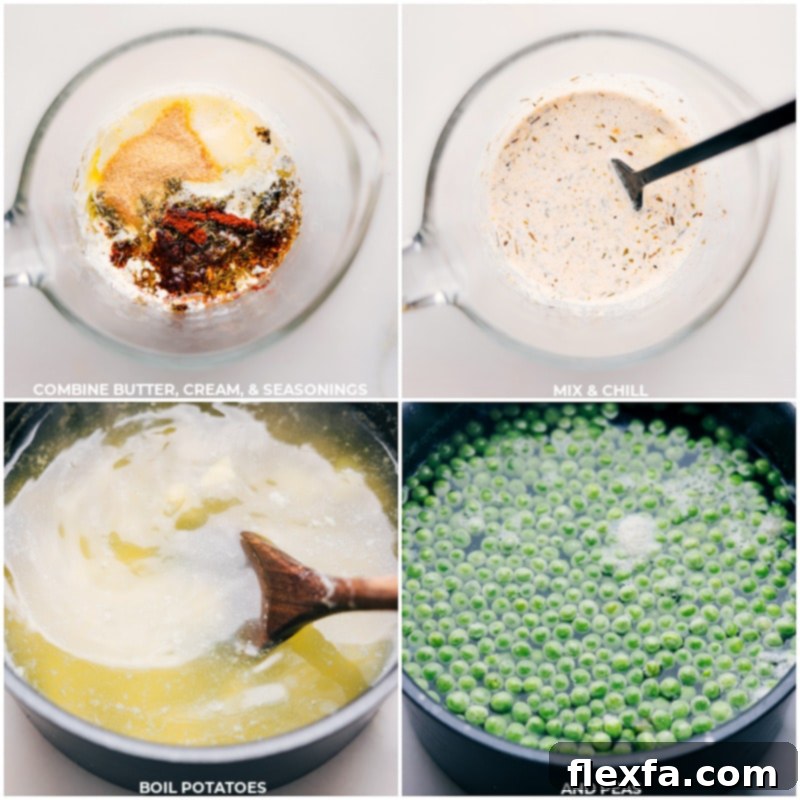Process images showing the preparation of the creamy cheese sauce, followed by par-boiled diced potatoes and vibrant green peas being combined, essential steps for the Creamy Sausage and Potato Foil Packs.