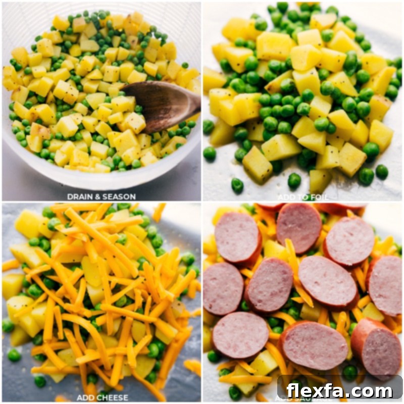 Process images showing how to assemble Creamy Sausage and Potato Foil Packs, including draining the boiled potatoes and peas, and layering all ingredients into heavy-duty foil sheets before sealing.