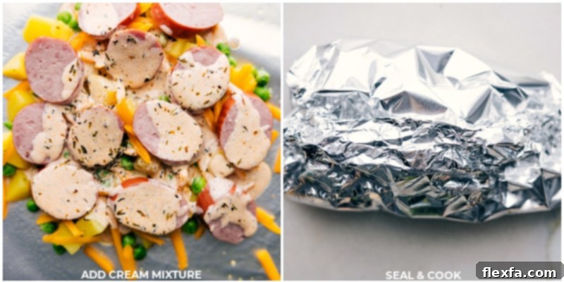 Process shots demonstrating the final steps of preparing Creamy Sausage and Potato Foil Packs, including adding the rich cream mixture, sealing the foil packets, and readying them for cooking.
