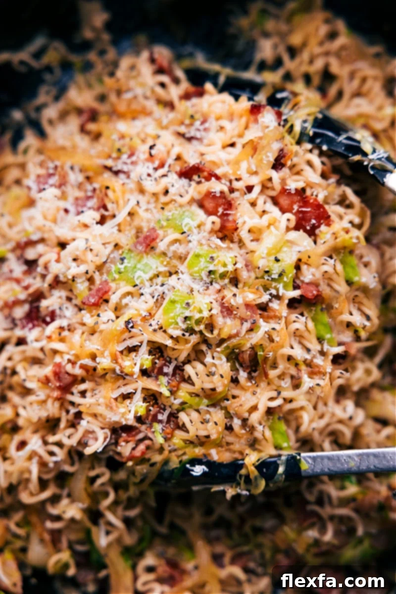 Delicious Fried Cabbage Ramen Overhead image of the Fried Cabbage Ramen dish, showcasing its rich colors and textures, ready to be served.