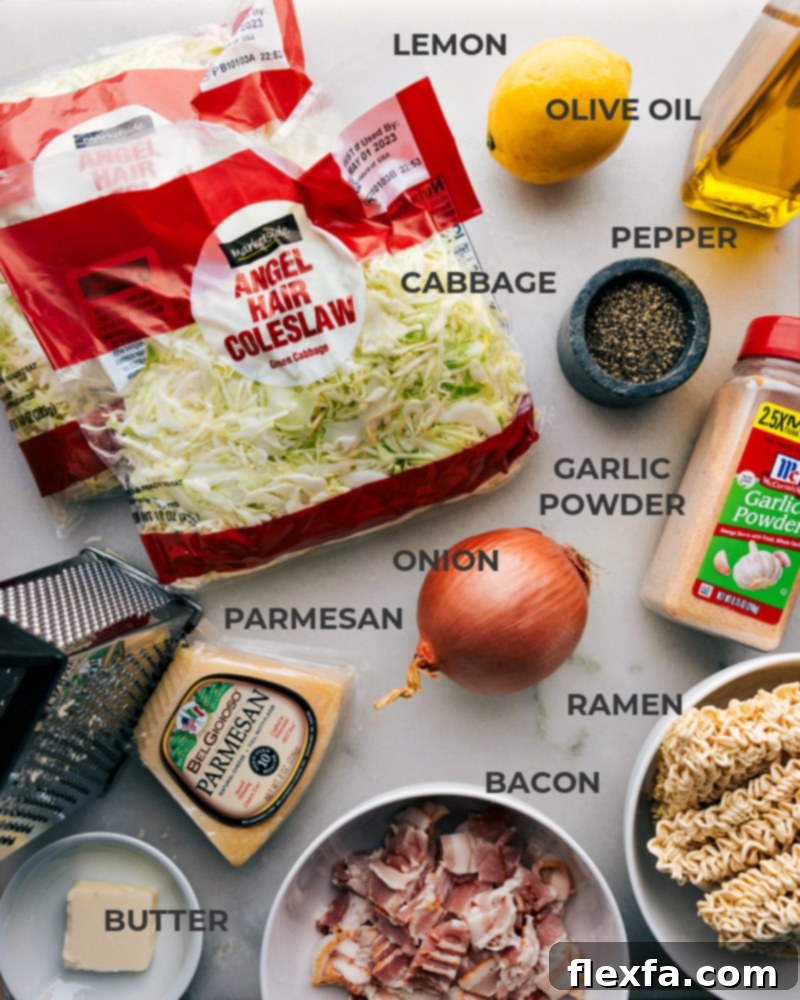 Fried Cabbage Ramen Ingredients A vibrant array of fresh ingredients laid out, including bacon, onions, green cabbage, instant ramen noodles, and Parmesan cheese, all ready for cooking.