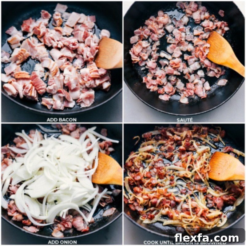Cooking Bacon and Onions Two sequential process shots: the first showing diced bacon sizzling and cooking in a large skillet, the second showing thinly sliced yellow onions added to the skillet to sauté with the bacon.