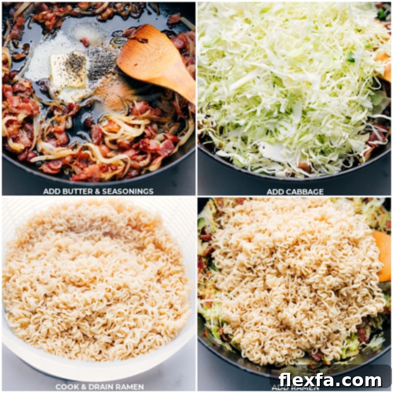 Adding Cabbage and Ramen Two sequential process shots: the first shows shredded green cabbage being added to the skillet with cooked bacon and onions, and the second shows drained ramen noodles being combined with the cabbage mixture in the pan.
