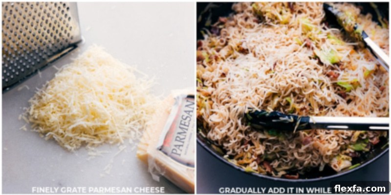 Tossing with Parmesan Cheese A close-up process shot of grated Parmesan cheese being slowly added to the Fried Cabbage Ramen in a skillet while being tossed with tongs, ensuring even distribution and melting.