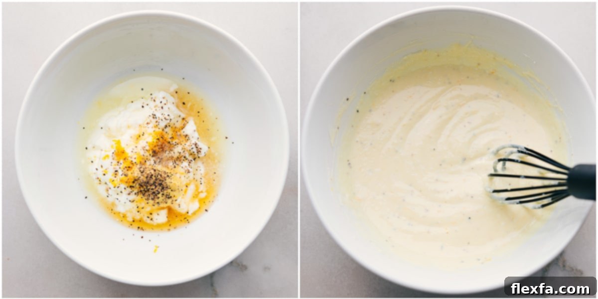 The creamy, mayo-free dressing for this healthy chicken salad recipe being whisked together in a bowl, showing its smooth texture.