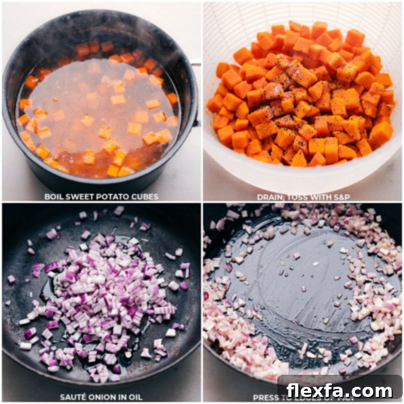 Step-by-step images showing sweet potato cubes being par-boiled and diced red onions being sautéed in a pan.