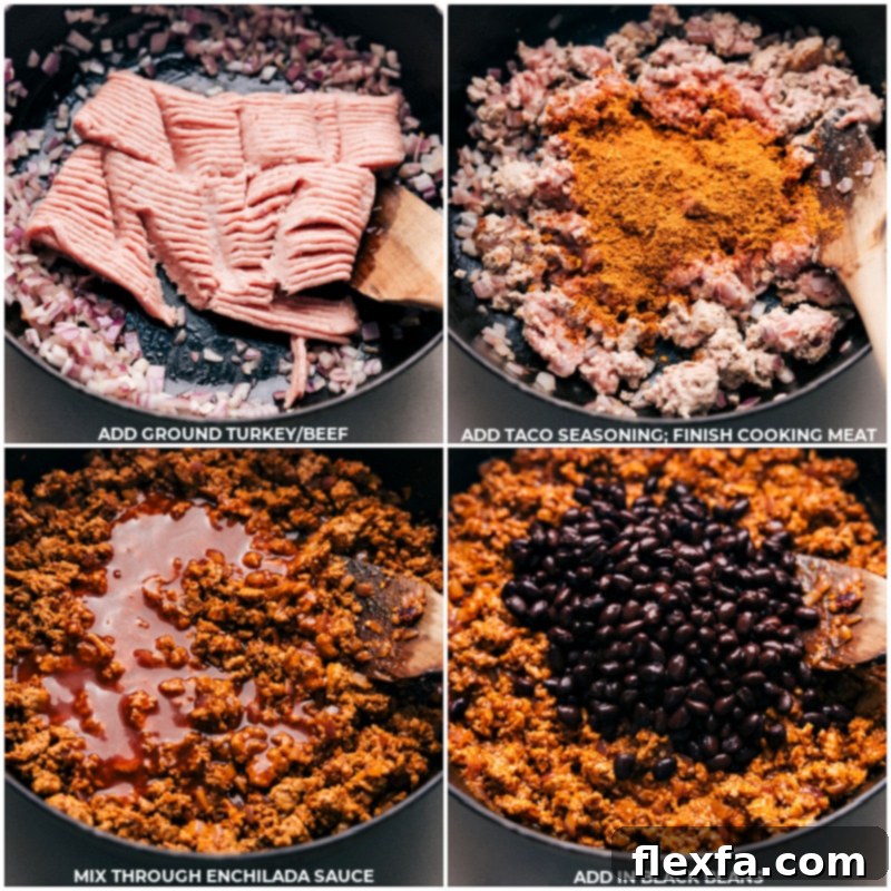 Process shots illustrating ground meat being browned, followed by the addition of taco seasoning, enchilada sauce, and black beans to the pan.